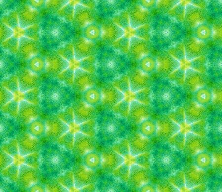 Watercolor Surface. Endless Repeat Painting.  Spots, Ikat, Tie Dye, Batik Ornament. Green, Lime, Mint Tribal Geo Summer Cloth. Medallion Herringbone Motif.の写真素材