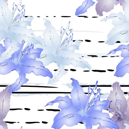 Pastel Floral Seamless Pattern. Delicate Botanical Vector Motif. Blooming Texture For Fashion Prints. Outline Lily Flowers Surface. Stripe Line Summer Ornament. Elegant Sketches Drawing Illustrated.のイラスト素材