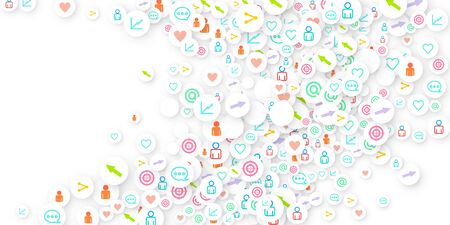 Social media marketing, Communication networking concept. Random icons social media services tags linked on white background. Comment, friend, like, share, target, message. Vector Internet concept.のイラスト素材