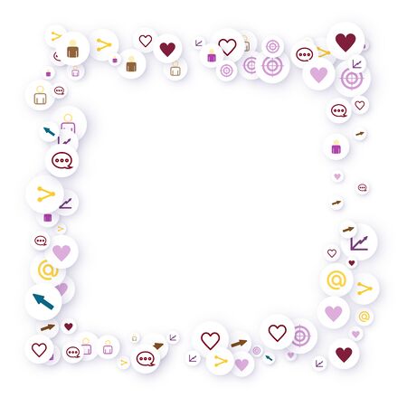 Social media marketing, Communication networking concept. Random icons social media services tags linked on white background. Comment, friend, like, share, target, message. Vector Internet concept.のイラスト素材