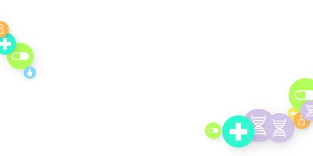 Pharmacy Background. Clinic Backdrop. Random Fall Health Care Icon. Medical Concept. Pharmaceutic Symbols. Colorful Circle Elements on White. Medicine Template. Layout Technology Vector Illustration.のイラスト素材