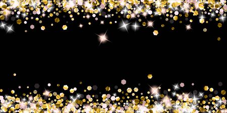 Gold Glitter Stars. Luxury Shiny Confetti. Scattered little sparkle. Flash glow silver element. Random magic tiny light. Hexagon stellar fall black background. New Year, Christmas Vector illustration.のイラスト素材
