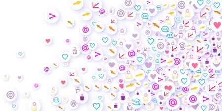 Social media marketing, Communication networking concept. Random icons social media services tags linked on white background. Comment, friend, like, share, target, message.のイラスト素材