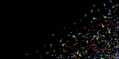Question marks scattered on black background. Quiz, doubt, poll, survey, faq, interrogation, query...