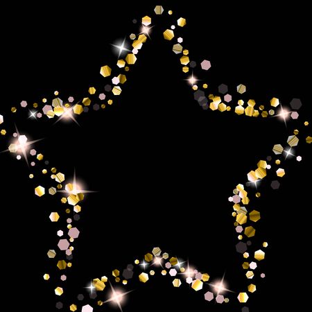 Gold Glitter Stars. Luxury Shiny Confetti. Scattered little sparkle. Flash glow silver element. Random magic tiny light. Hexagon stellar fall black background. New Year, Christmas Vector illustration.のイラスト素材