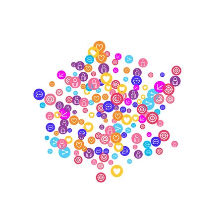 Social media marketing, Communication networking concept. Random icons social media services tags linked on white background. Comment, friend, like, share, target, message. Vector Internet concept.のイラスト素材