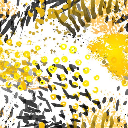 Stains Seamless Pattern. Fashion Concept. Distress Print. Black, Gold Illustration. Summer Surface Textile. Ink Stains. Spray Paint. Splash Blots. Artistic Creative Vector Background.のイラスト素材
