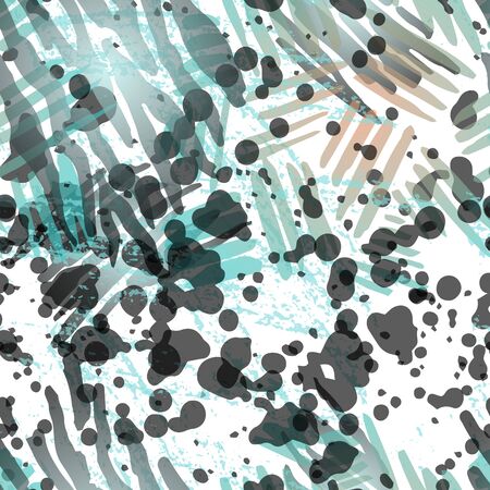 Ink Stains Seamless Pattern. Fashion Concept. Distress Print. Blue, Green, Gray Illustration. Dirty Surface Textile. Ink Stains. Spray Paint. Splash Blots. Artistic Creative Vector Background.のイラスト素材