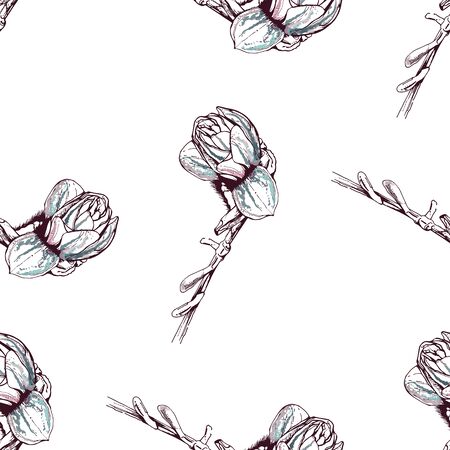Flower Pastel. Romantic Seamless Pattern. Floral Texture Sketch. Geometric Pastel Ornament. Endless Repeat Flowers Magnolia. Summer Trend Seamless Pattern. Vector Background. Modern Wedding Print.のイラスト素材