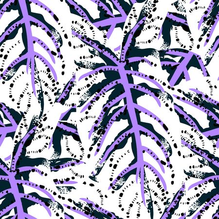Tropical Leaf. Modern Motif. Jungle Print. Foliage Summer Seamless Pattern. Trending Greenery Vector Background. Artistic Botanical Surface. Abstract Plant Texture For Fashion. Contrast Brush Drawing.のイラスト素材