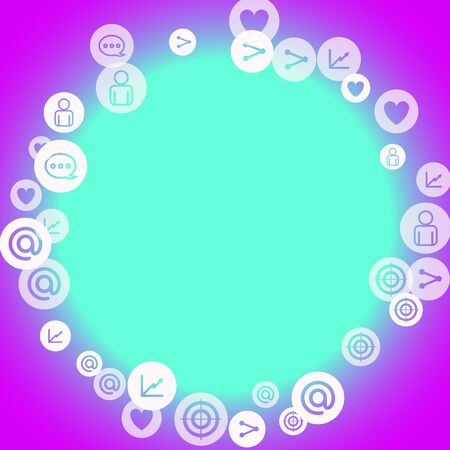 Social media marketing, Communication networking concept. Random icons social media services tags on color background. Comment, friend, like, share, target, message. Vector Internet concept.のイラスト素材