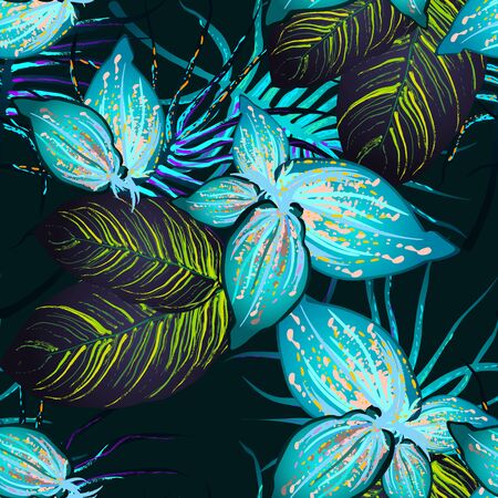 Tropical Leaf. Modern Motif. Jungle Print. Foliage Summer Seamless Pattern. Trending Greenery Vector Background. Artistic Botanical Surface. Abstract Plant Texture For Fashion. Contrast Brush Drawing.のイラスト素材