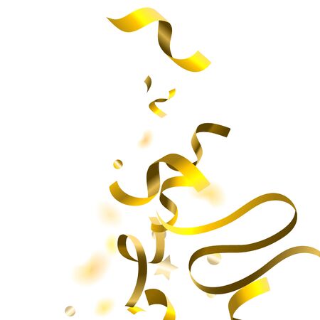 Holiday Serpentine. Gold Foil Streamers Ribbons. Confetti Star Falling on White Background. Party, Birthday Vector Template. Sparkle Serpentine. Celebration Elements. Bright Festive Tinsel Gold Color.のイラスト素材