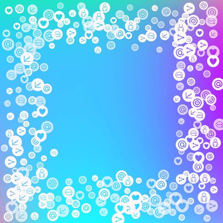 Social media marketing, Communication networking concept. Random icons social media services tags on color background. Comment, friend, like, share, target, message. Vector Internet concept.のイラスト素材
