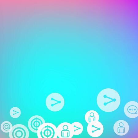 Social media marketing, Communication networking concept. Random icons social media services tags on color background. Comment, friend, like, share, target, message. Vector Internet concept.のイラスト素材
