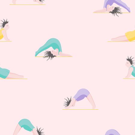 Girls Doing Yoga. Seamless Pattern Woman Pose Practicing Yoga. Happy Body Positive Concept. Love My Body. Asana Spiritual. Cartoon Character, Brush Contour. Fat, Overweight, Plus Size, Obese Vector.のイラスト素材