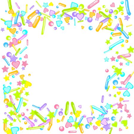 Sprinkles grainy. Cupcake donuts, dessert, sugar, bakery background. Sweet confetti on white chocolate glaze background. Vector Illustration sprinkles holiday designs, party, birthday, invitation.のイラスト素材