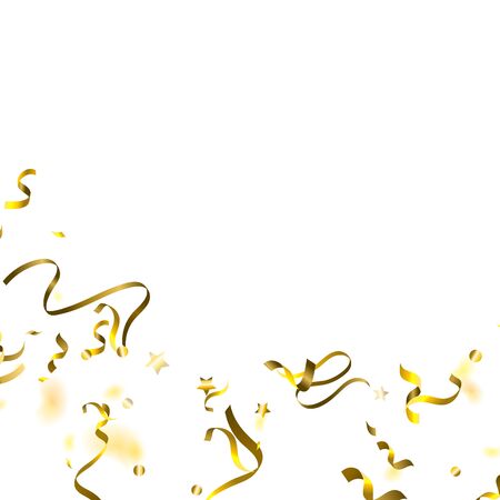 Holiday Serpentine. Gold Foil Streamers Ribbons. Confetti Star Falling on White Background. Party, Birthday Vector Template. Sparkle Serpentine. Celebration Elements. Bright Festive Tinsel Gold Color.のイラスト素材