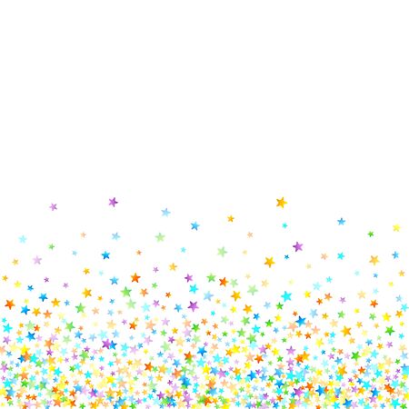 Rainbow Festive Confetti. Carnival Template. Colorful Star Falling. Beautiful Holidays Party. Little Tiny Multicolor Sprockets on White Background. Bright Vector Illustration.のイラスト素材