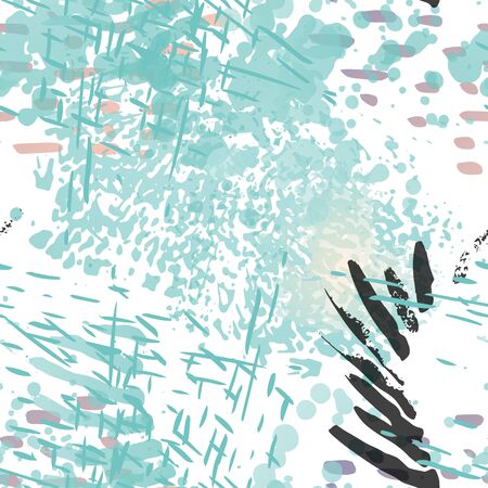 Distressed Seamless Pattern. Fashion Concept. Distress Print. Blue, Green, Gray Illustration. Glamour Surface Textile. Ink Stains. Spray Paint. Splash Blots. Artistic Creative Vector Background.のイラスト素材