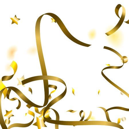 Holiday Serpentine. Gold Foil Streamers Ribbons. Confetti Star Falling on White Background. Party, Birthday Vector Template. Sparkle Serpentine. Celebration Elements. Bright Festive Tinsel Gold Color.のイラスト素材