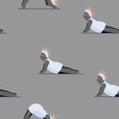 Girls Doing Yoga. Seamless Pattern Woman Pose Practicing Yoga. Happy Body Positive Concept. Love My Body. Asana Spiritual. Cartoon Character, Brush Contour. Fat, Overweight, Plus Size, Obese Vector.のイラスト素材