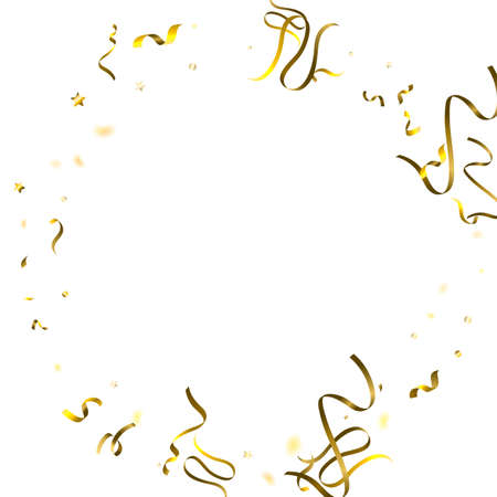 Holiday Serpentine. Gold Foil Streamers Ribbons. Confetti Star Falling on White Background. Party, Birthday Vector Template. Sparkle Serpentine. Celebration Elements. Bright Festive Tinsel Gold Color.のイラスト素材