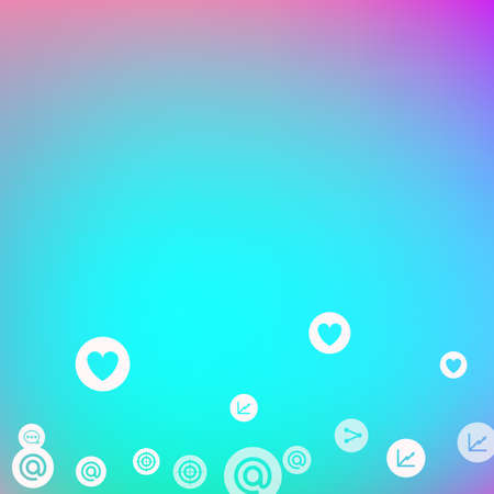 Social media marketing, Communication networking concept. Random icons social media services tags on color background. Comment, friend, like, share, target, message. Vector Internet concept.のイラスト素材