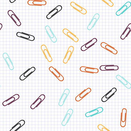 Clerical Paper Clips Scattered on White Sheet of Notebook in a Cage. Colorful Office Supplies, School Stationery. Education Background. Cute School Notepad Seamless Pattern. Vector Illustration.のイラスト素材