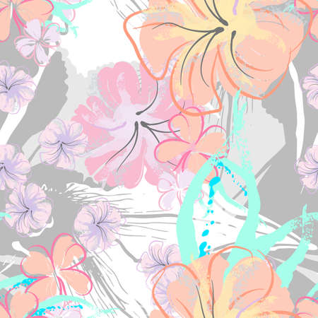 Pink Flowers Blooming Pattern. Pastel Watercolor Floral Print. Little Pink, Yellow, Lilac flower on grey leaf. Elegant brush Background. Seamless Botanical Vector Surface. Texture For Fashion Prints.のイラスト素材