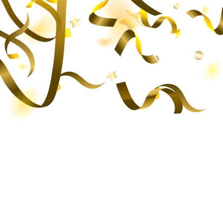 Holiday Serpentine. Gold Foil Streamers Ribbons. Confetti Star Falling on White Background. Party, Birthday Vector Template. Sparkle Serpentine. Celebration Elements. Bright Festive Tinsel Gold Color.のイラスト素材