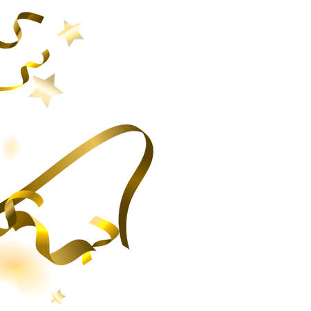 Holiday Serpentine. Gold Foil Streamers Ribbons. Confetti Star Falling on White Background. Party, Birthday Vector Template. Sparkle Serpentine. Celebration Elements. Bright Festive Tinsel Gold Color.のイラスト素材