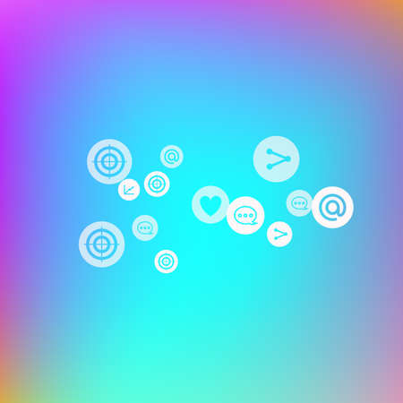 Social media marketing, Communication networking concept. Random icons social media services tags on color background. Comment, friend, like, share, target, message. Vector Internet concept.のイラスト素材