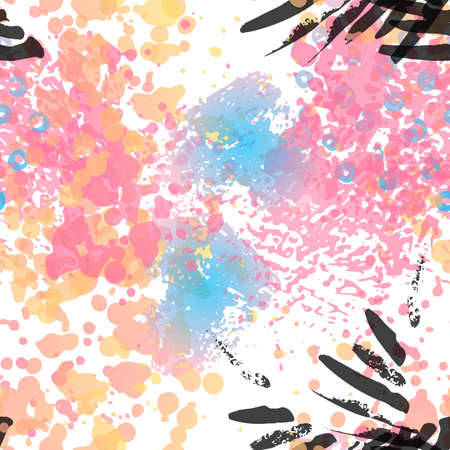 Ink Stains Seamless Pattern. Fashion Concept. Distress Print. Color, Bright Illustration. Summer Surface Textile. Ink Stains. Spray Paint. Splash Blots. Artistic Creative Vector Background.のイラスト素材