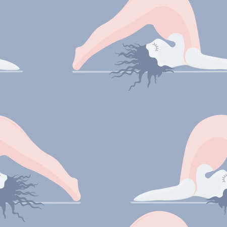 Girls Doing Yoga. Seamless Pattern Woman Pose Practicing Yoga. Happy Body Positive Concept. Love My Body. Asana Spiritual. Cartoon Character, Brush Contour. Fat, Overweight, Plus Size, Obese Vector.のイラスト素材