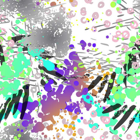 Splash Seamless Pattern. Fashion Concept. Distress Print. Color, Bright Illustration. Camo Surface Textile. Ink Stains. Spray Paint. Splash Blots. Artistic Creative Vector Background.のイラスト素材