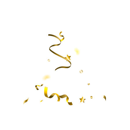 Holiday Serpentine. Gold Foil Streamers Ribbons. Confetti Star Falling on White Background. Party, Birthday Vector Template. Sparkle Serpentine. Celebration Elements. Bright Festive Tinsel Gold Color.のイラスト素材