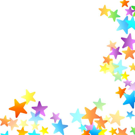 Rainbow Festive Confetti. Carnival Template. Colorful Star Falling. Beautiful Holidays Party. Little Tiny Multicolor Sprockets on White Background.のイラスト素材