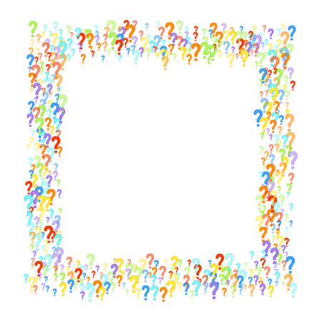 Question marks scattered on white background. Quiz, doubt, poll, survey, faq, interrogation, query background. Multicolored template for opinion poll, public poll. Rainbow color. Vector illustration.のイラスト素材