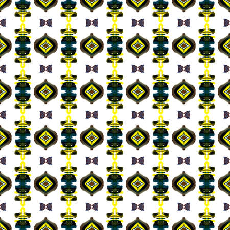 Geo Geometric, Endless Repeat Painting.  Navajo, Aztec, American, Cherokee Ornament. Tribal Texture. Old Bed Linen. Brown, Yellow, White Watercolor.の写真素材