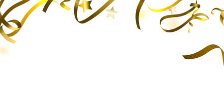 Holiday Serpentine. Gold Foil Streamers Ribbons. Confetti Star Falling on White Background. Party, Birthday Vector Template. Sparkle Serpentine. Celebration Elements. Bright Festive Tinsel Gold Color.のイラスト素材
