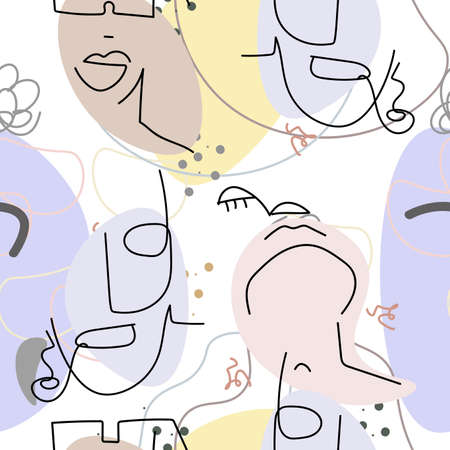 Face line pattern. Abstract drawing seamless pattern. Vector Modern minimal art. Graphics contour background. Continuous one line drawing. Linear design woman and man faces. Beauty modern print.のイラスト素材