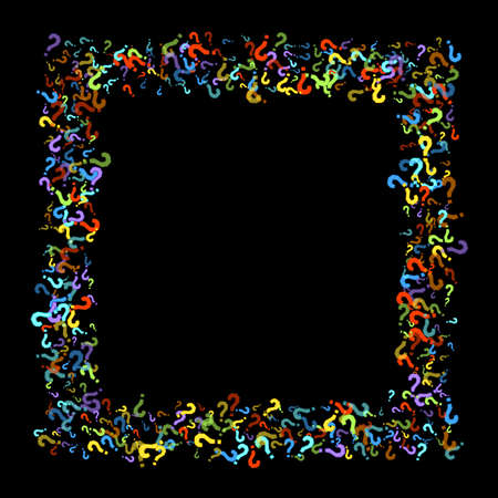Question marks scattered on black background. Quiz, doubt, poll, survey, faq, interrogation, query background. Multicolored template for opinion poll, public poll. Rainbow color. Vector illustration.のイラスト素材