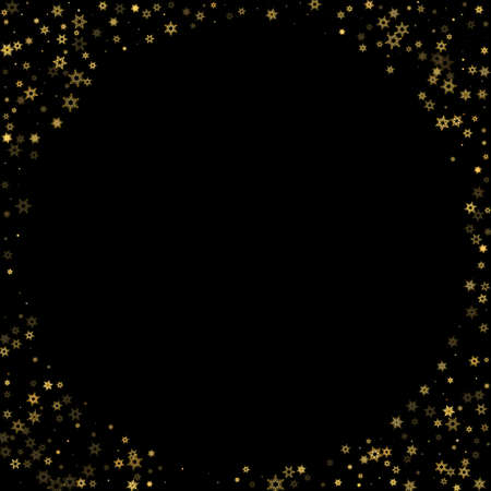 Falling Snow flakes golden pattern. Illustration with flying gold snow, frost, snowfall. Winter print for christmas celebration on black night background. Holiday Vector illustration for New Year.のイラスト素材