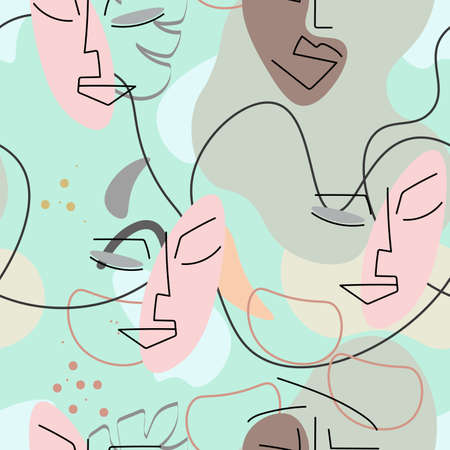 One line drawing. Abstract face seamless pattern. Vector Modern minimal art. Graphics contour background. Continuous line drawing. Linear design woman and man faces. Beauty modern print.のイラスト素材