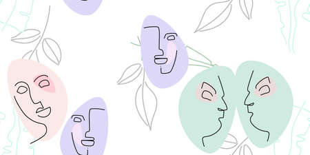 Face line pattern. Abstract drawing seamless pattern. Vector Modern minimal art. Graphics contour background. Continuous one line drawing. Linear design woman and man faces. Beauty modern print.のイラスト素材