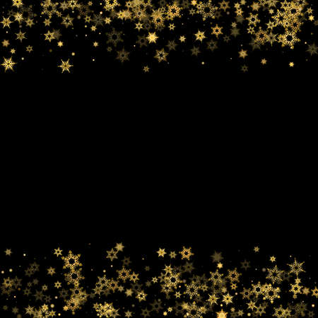 Falling Snow flakes golden pattern. Illustration with flying gold snow, frost, snowfall. Winter print for christmas celebration on black night background. Holiday Vector illustration for New Year.のイラスト素材