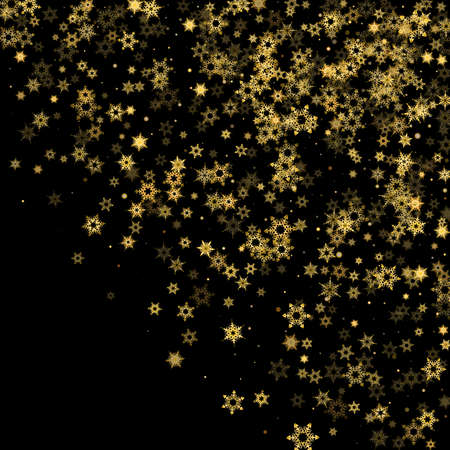 Falling Snow flakes golden pattern. Illustration with flying gold snow, frost, snowfall. Winter print for christmas celebration on black night background. Holiday Vector illustration for New Year.のイラスト素材
