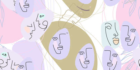 Face line pattern. Abstract drawing seamless pattern. Vector Modern minimal art. Graphics contour background. Continuous one line drawing. Linear design woman and man faces. Beauty modern print.のイラスト素材