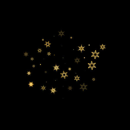 Falling Snow flakes golden pattern. Illustration with flying gold snow, frost, snowfall. Winter print for christmas celebration on black night background. Holiday Vector illustration for New Year.のイラスト素材